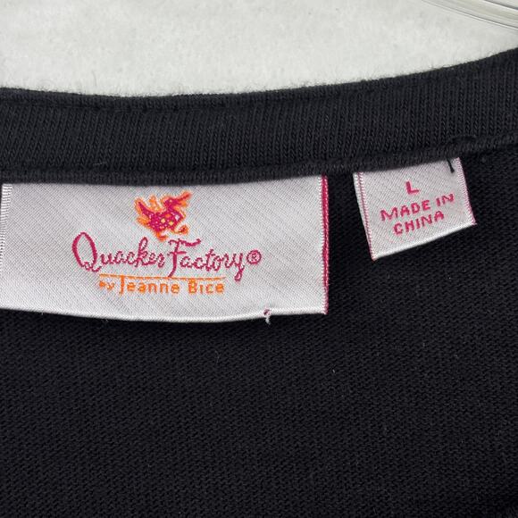 Quacker Factory Duet Knit Top Size L Black Eyelet Rhinestone 3/4 Sleeve Cotton - Picture 4 of 10